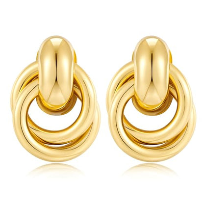 Gold Geometric Drop Dangle Earrings for Women Chunky Trendy Knot Stud Small Twisted Link Earring Jewelry Gift - color: B-Small Flower-Gold