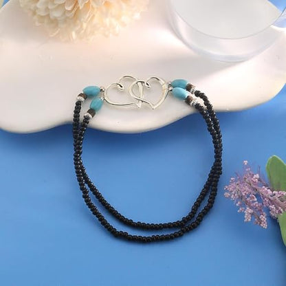 Elastic Beaded Ankle Bracelets for Women Double Heart Layered Stretch Ankle Bracelets Waterproof Dainty Boho Beaded Anklets for Summer Beach Foot Jewelry - color: Black Silver