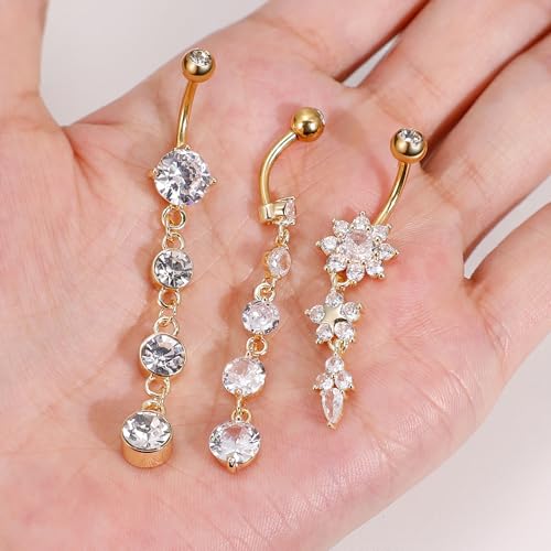 3-6PCS 14G 316L Stainless Steel Belly Button Rings for Women Navel Rings Barbell Dangle Flower CZ Body Piercing - color: C: 3 Pcs Gold-tone