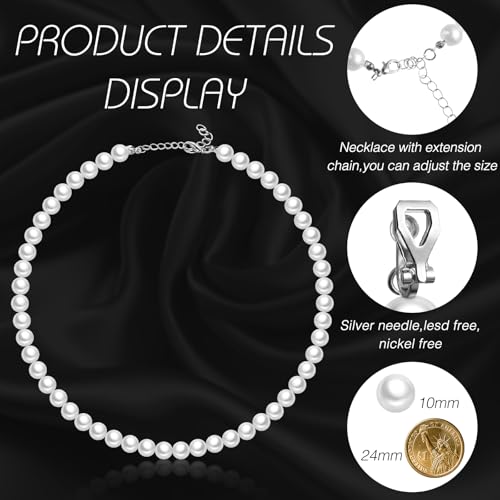 3 Pcs Pearl Jewelry Set Faux Pearl Clip on Earring Necklace Bracelet for Women Bridesmaid Birthday Wedding Gift - color: White, size: 10 mm