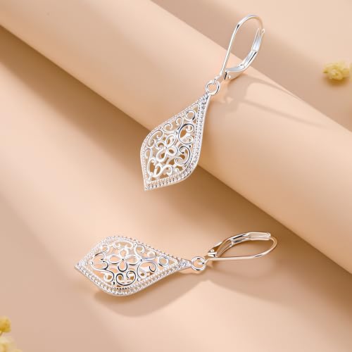 BOUTIQUELOVIN Filigree Dangle Earrings for Women Drop Earings | 14K Gold Plated Geometric Dangling Leverback Earrings Silver Hypoallergenic Dangly Earings Lightweight Daily Jewelry Gifts - color: C-Silver