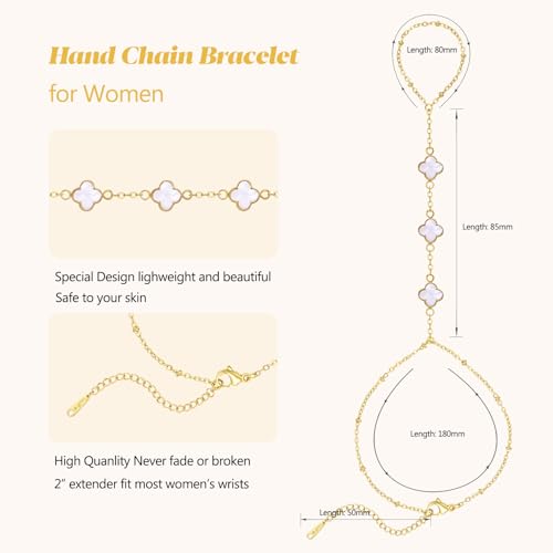 Hand Chain Bracelets for Women 14K Gold Plated Dainty Link Bracelet Bracelets Trendy Ring Bracelet Birthday Jewelry Gifts for Women - style: White Clover