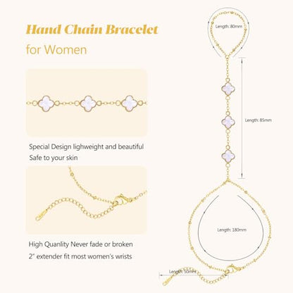 Hand Chain Bracelets for Women 14K Gold Plated Dainty Link Bracelet Bracelets Trendy Ring Bracelet Birthday Jewelry Gifts for Women - style: White Clover