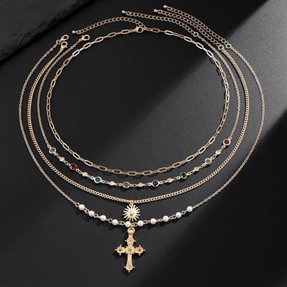 Cross Necklace for Women Gold Layered Long Cross Pendant Necklace Pearl Lariat Statement Necklaces Christian Gifts - color: C1:gold