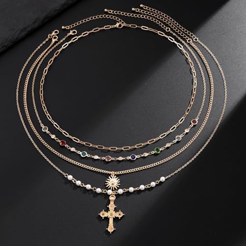 Cross Necklace for Women Gold Layered Long Cross Pendant Necklace Pearl Lariat Statement Necklaces Christian Gifts - color: B2:silver