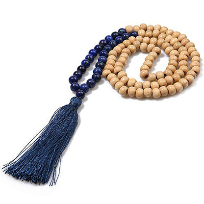 8MM Semi-Precious Gem Stones Wood Mala Bead Necklace | Multicolor Long Tassel Charms Chain Necklace,Handmade Beaded Pendant Necklace for Women Men - color: Wooden+ Lapis Lazuli