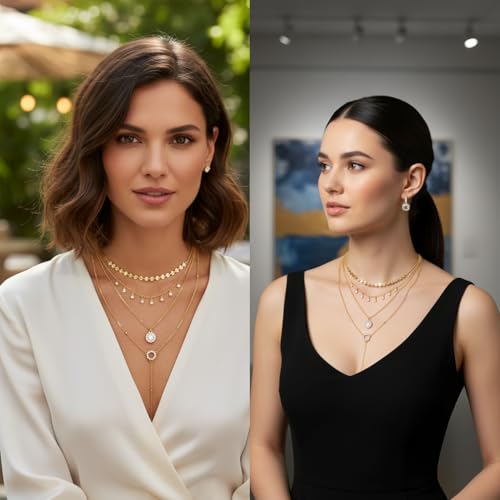 Layered Chain Necklace for Women，Pendant Stackable Jewelry,for Wedding, Party, Everyday Gifts - color: Gold