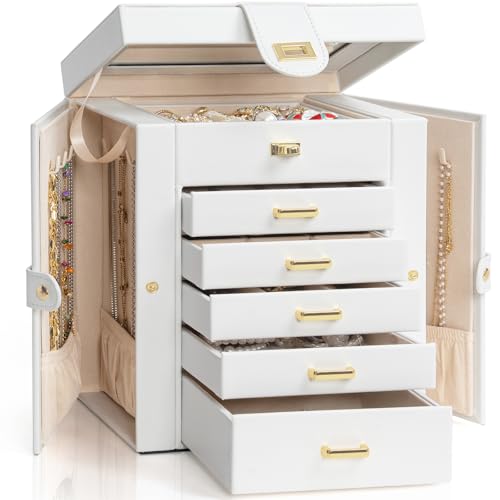 AKOZLIN 6-Tier Jewelry Box Organizer Functional 5 Drawers Leather Jewelry Storage Case for Women Girls Ring Necklace Earring Bracelet Holder Organizer with Mirror White Regular - color: White, size: Regular
