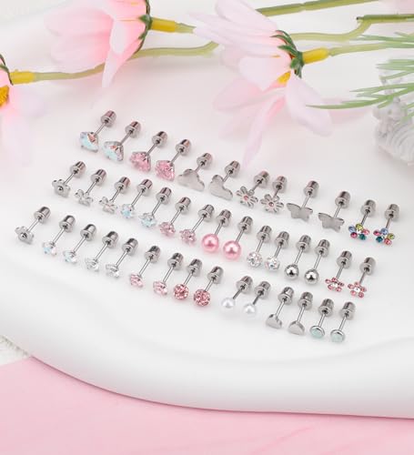 Staligue 8 & 21 Pairs Hypoallergenic Screw Back Earrings for Women – 20G Surgical Steel Flat Back Studs with Heart, CZ, Pearl, Star & Ball Designs | Tiny Cartilage Jewelry Options - color: Silver