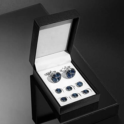 wynameleri Mens Tuxedo Shirt Button and Cuff Links Set, Classic Shirts Cufflink Studs, Formal Business Wedding Jewelry - color: Clock-Blue