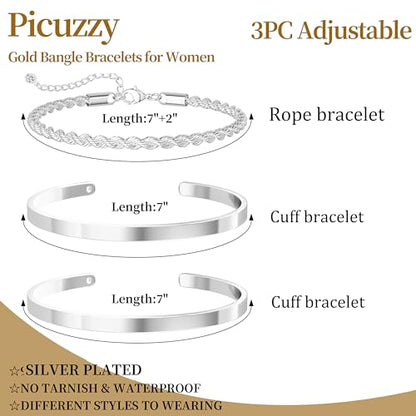 14K Gold Plated Stackable Bangle Bracelets for Women | Dainty Cuff Bracelets, Stackable for Women, Waterproof Bracelet Stack, Gold Jewelry Gifts Trendy Adjustable Accessories - color: 3-layer-A-Silver