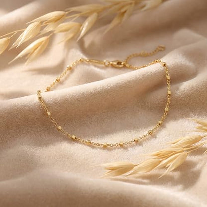 MEVECCO Anklet for Women Gold Chain 14K Gold Plated Dainty Boho Beach Summer Simple Foot Jewelry Ankle Bracelet - style: Cube Beaded