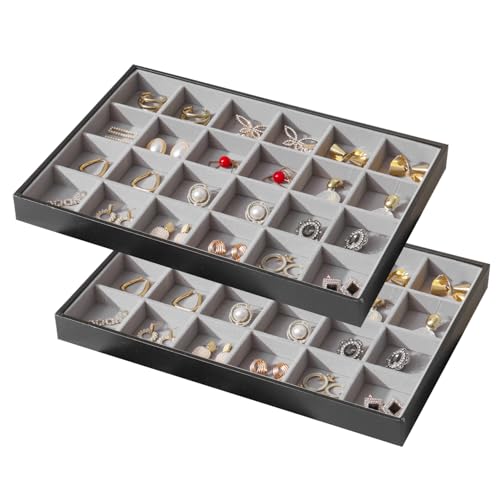 Large Jewelry Organizer Tray for Drawer Inserts 2 Pack | Stackable Jewelry Storage PU Leather Velvet Jewellery Display Case for Earring Bracelet Necklace (Black Gray, 24 Grids) - color: Black Gray, size: 24 Grids