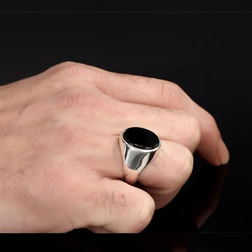 Men’s Silver Plated Steel Onyx Ring – Oval Black Stone Minimal Signet Ring | Polished Smooth Band | Modern Stainless Steel Men’s Fashion Ring