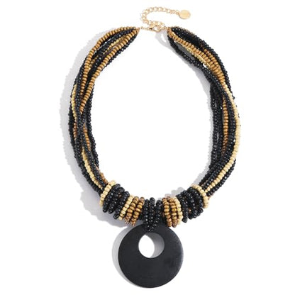 Coiris Chunky Necklaces for Women Statement Wooden Beaded Funky Boho Circle Pendant Necklace Jewellery Gift for Women - color: Black