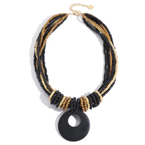 Coiris Chunky Necklaces for Women Statement Wooden Beaded Funky Boho Circle Pendant Necklace Jewellery Gift for Women - color: Black