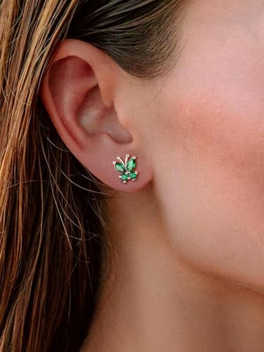 Suplight Butterfly Stud Earrings 925 Sterling Silver 14K Gold Brithstone Earrings for Women Brithstone Jewelry Gifts - color: 05.May( Emerald), size: Silver