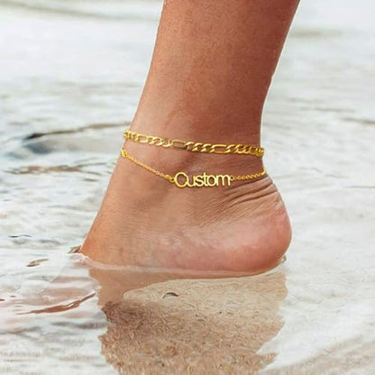 ChainsHouse Double Layer Anklet Bracelet for Women,Adjustable Chain Anklets Stackable Dainty Anklets,Stainless Steel/Gold Plated/Black Ankle Jewelry Gifts - color: B-Gold Plated-Figaro Chain