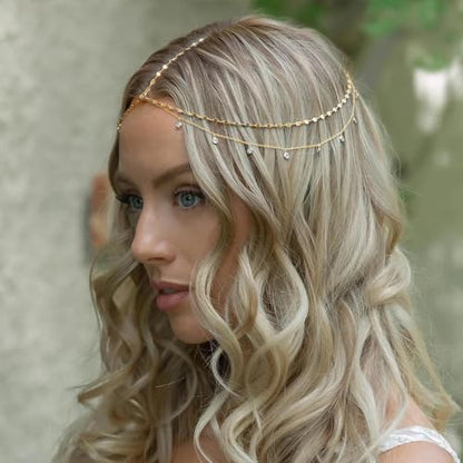 STONEFANS Rhinestone Head Chain Gold Bride Headpiece Wedding Headbands Chain Layered Festival Prom Hair Accessories for Women And Girls (Gold) - color: Gold