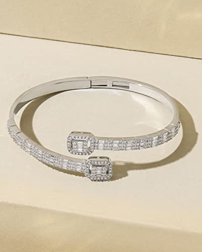 LuxeFlex Iced Out Diamond-Studded Butterfly Cuff Bracelet for Women, Men, and Teen Girls - 14K Gold Plated Bangle with Baguette CZ Stones, Perfect Birthday or Graduation Jewelry Gift for Best Friends - color: Square/Silver