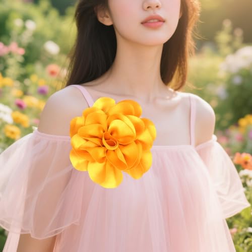 Large Rose Flower Brooches Chiffon Camellia Brooch Lapel Pins Hair Clips Hat Pins for Women Wedding Banquet Accessories Large Satin Flowers 5.5in - color: Yellow