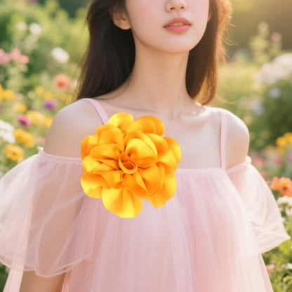 Large Rose Flower Brooches Chiffon Camellia Brooch Lapel Pins Hair Clips Hat Pins for Women Wedding Banquet Accessories Large Satin Flowers 5.5in - color: Yellow