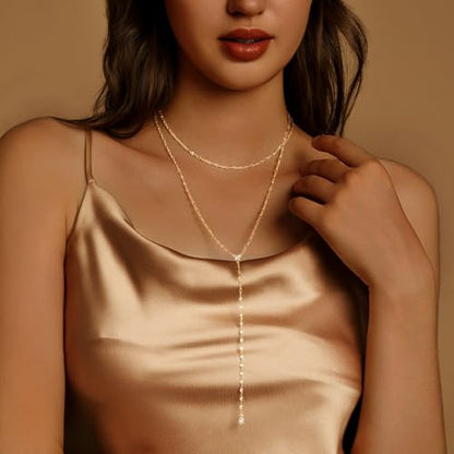 Luxval Lariat Gold Necklace for Women, Dainty Long Necklace 14k Gold Plated/Silver Y-Shaped Pendant Necklaces Trendy Beaded Chain Drop Necklaces Jewelry for Women Gifts - color: Gold-wave cz