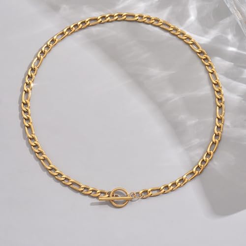 Chunky Gold Necklace for Women, 18K Gold Plated Paperclip, Figaro Link Chain Necklace, Toggle Clasp Necklaces, Trendy Non Tarnish Jewelry, Christmas Gifts - style: Figaro Toggle 17.7''-Gold