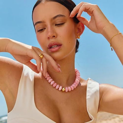 Chunky Colorful Bead Necklace Summer Fashion Statement Boho Beaded Chunky Necklace for Women Adjustable Length Lightweight Cool Suitable for Beach Vacation Daily Wear & Summer Parties - color: Pink