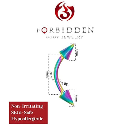 16g 8mm Daith Earring, Eyebrow Ring and Rook Piercing Jewelry, Titanium IP Double Spike Barbell - style: Rainbow