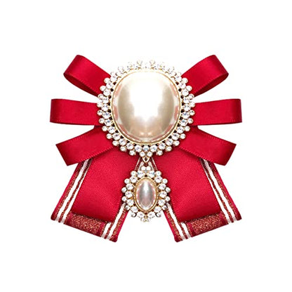 FASELE Bow Brooch Pre-Tied Neck Tie Pearl Brooch Pin Striped Bow Tie for Women Wedding Party Bow Tie - color: Red/Pin