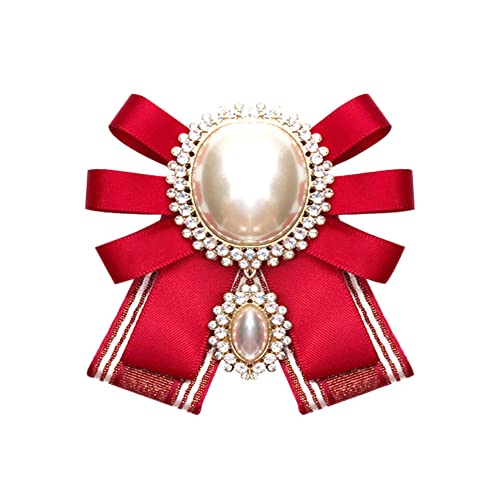 FASELE Bow Brooch Pre-Tied Neck Tie Pearl Brooch Pin Striped Bow Tie for Women Wedding Party Bow Tie - color: Red/Pin