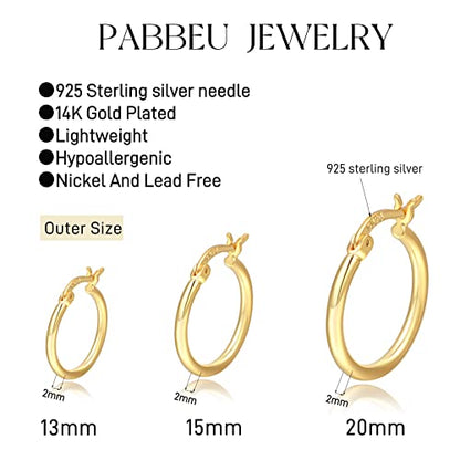 PABBEU 925 Sterling Silver Small Hoop Earrings Set for Women Hypoallergenic | 3Pairs Cubic Zirconia Small Huggie Hoop Earrings Set 13/15/20mm,Nickel-Free Lightweight Comfortable Sleeper Earrings Gift Set - color: 13/15/20mm T Gold