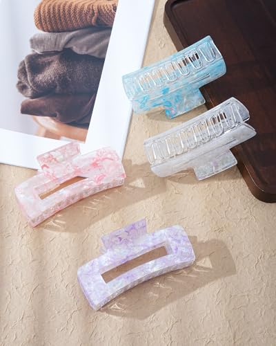 4PCS Large Claw Clips for Thick Hair, Large Acrylic Hair Clips | Modern Marble Geometric Design, Non-Slip Secure Hold for Long Hair, Buns, Updos and Everyday Styling - color: White + Purple + Red + Blue