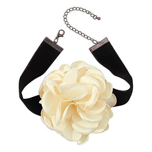 Dtja Vintage Rose Flower Choker Necklace for Women Gothic Black Velvet Ribbon Camellia Blossom Charm Chain Adjustable Comfort Fit Retro Wedding Holiday Costume Party Jewelry - color: Beige