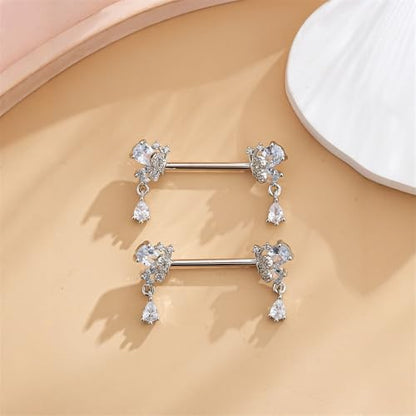 316L Stainless Steel Butterfly Nipple Rings 18K Gold Plated with CZ Butterflies Crystal Dangle Nipple Studs Rings Nipplerings Body Piercing Jewelry for Women - color: Silver