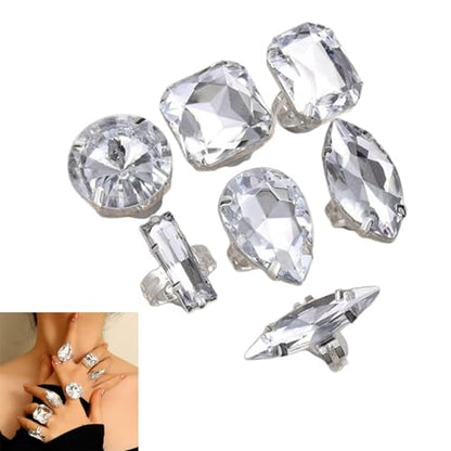 7PCS Elegant Teardrop Crystal Rings Set, Adjustable Alloy Jewelry for Party Wedding Gifts & Special Occasions Large Rhinestones Rings Set