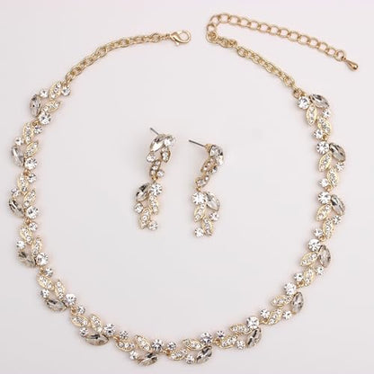 QLLYHLH Woman’s Brides Bridesmaid Leaf Choker Necklace Dangle Earrings Link Bracelet Austrian Crystal Wedding Jewelry Set Prom Costume Party Events | Brides, Bridesmaid, Prom, Events, Costume Party, Leaf - color: White-Gold Plated