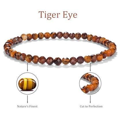 Natural Faceted Crystal Bracelet for Women,4mm Gemstone Round Beads Bracelets Adjustable Stretchy Healing Crystal Beads Bracelets Dainty Jewelry Gift - color: Tiger Eye