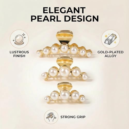 Metal Hair Clips for Women,Strong Hold Large Pearl Claw Clips, Big Non-Slip Hair Catch Barrette Jaw Clamp,Fashion Gold Hair Styling Accessories Valentine's/Mother's Day Gift for Girl Wife(3 PACK)