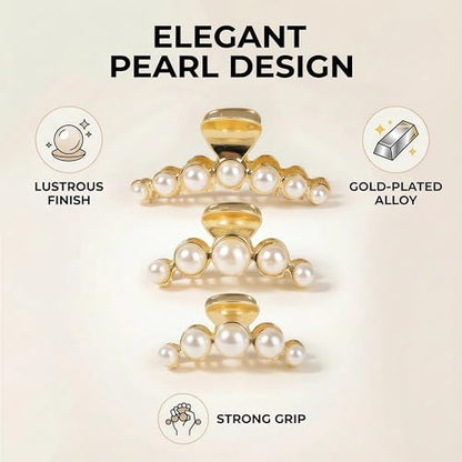 Metal Hair Clips for Women,Strong Hold Large Pearl Claw Clips, Big Non-Slip Hair Catch Barrette Jaw Clamp,Fashion Gold Hair Styling Accessories Valentine's/Mother's Day Gift for Girl Wife(3 PACK)