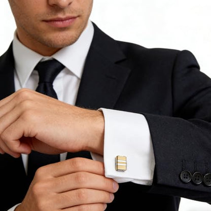 HZMAN Two-Tone Stripe Cufflinks for Men, Stainless Steel High Polished Dress Shirt Cuff Links, Formal Accessories for Wedding Business Party