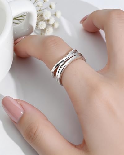 Silver Plated Rings for Women Adjustable Open Ring Vintage Twisted Crossover Stackable Finger Jewelry Gifts