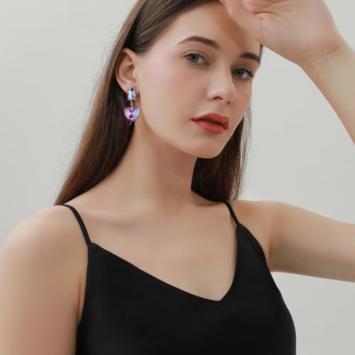Crystal Heart Teardrop Dangle Earrings for Women Hypoallergenic Multicolor Cubic Zirconia Drop Earrings for Wedding Prom Party Daily Wear - color: Heartpurple