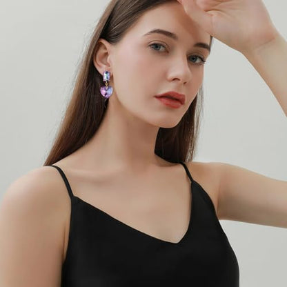 Crystal Heart Teardrop Dangle Earrings for Women Hypoallergenic Multicolor Cubic Zirconia Drop Earrings for Wedding Prom Party Daily Wear - color: Heartpurple