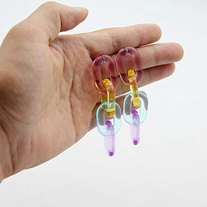 Funky Rainbow Clear Pastel Acrylic Extra Long Link Chain Dangle Earrings Statement Resin Geometric Paperclip Chain Drop Earrings Coloful Lightweight Jewelry for Women Gifts