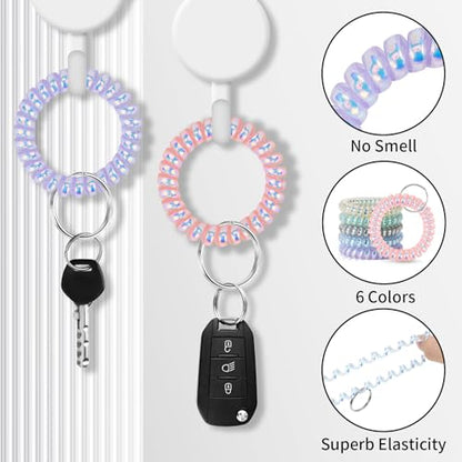 QIUTIMIY 6PCS Wristlet Keychain, Colorful Spiral Coil Hair Tie for Women, Sauna Accessaries Wrist Coil Key Ring Key Holder - color: Dazzle-s