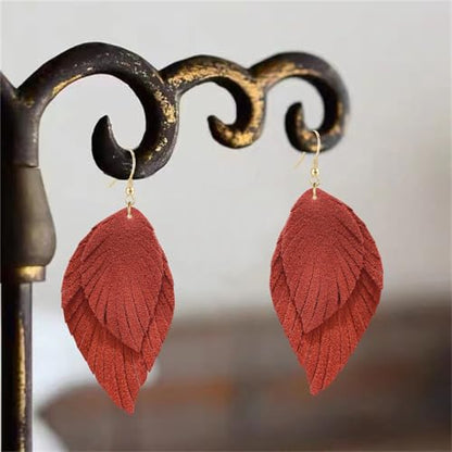 Genuine Leather Handmade Fringe Feather Lightweight Dangle Drop Earrings Teardrop Tassel Hook Earrings for Women - style: 12 Deep Orange