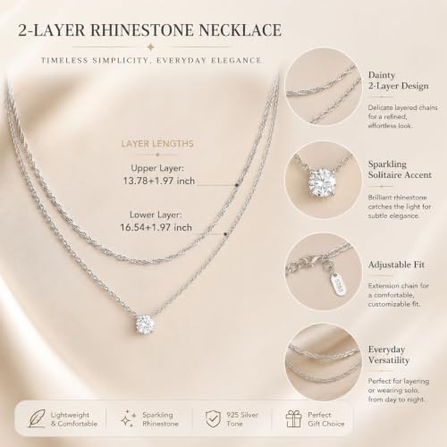 Gold Neklace Stack Dainty Gold Herringbone Necklace for Women Layered Paperclip Chain Necklaces Rhinestone Drop Simple Jewelry Gifts for Women - color: A4:2pcs-silver