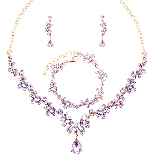 3Pcs Austrian Crystal Jewelry Set for Women, Necklace Dangle Earrings Link Bracelet Jewelry Set with Gold/Platinum/Gun Plated, Wedding Party Jewelry for Bridal Bridesmaid - color: Violet-Gold Plated